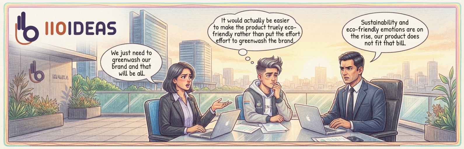 Business professionals analyzing greenwashing claims and sustainability reports in a modern office