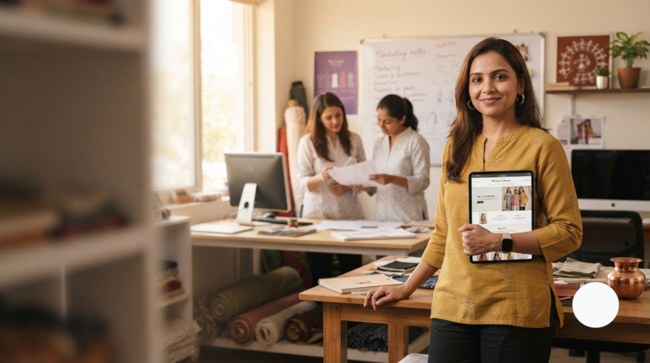 Indian small business owner working in a modest workshop office with laptop and business documents